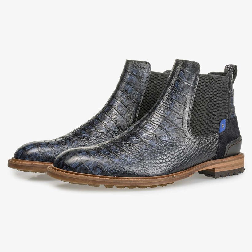 Blue leather Chelsea boot with croco print