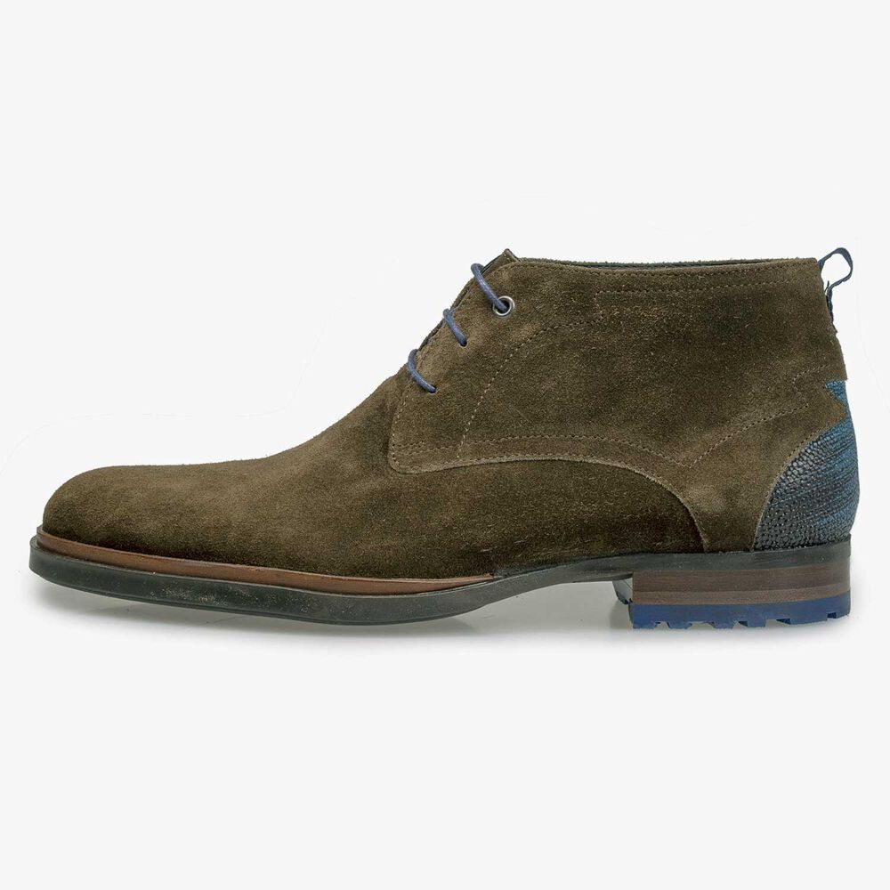 Olive green calf’s suede leather lace boot