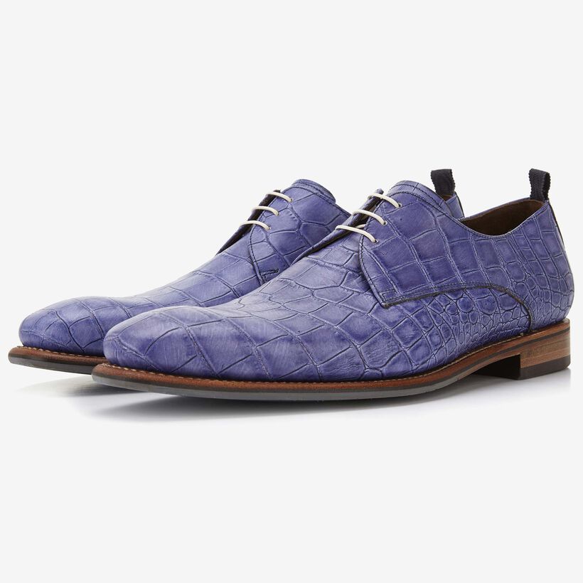 Floris van Bommel blauwe crocoprint heren veterschoen