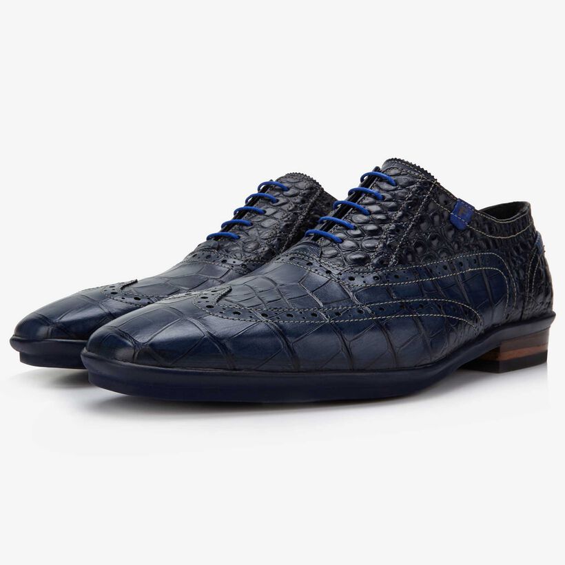 Floris van Bommel dark blue crocodile print men's lace-up shoe