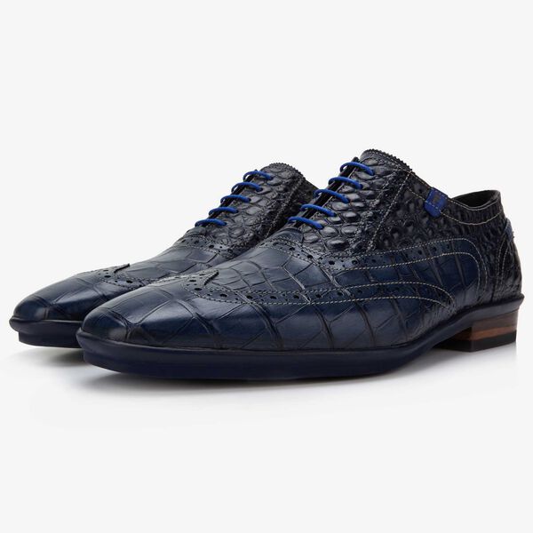 Floris van Bommel dark blue crocodile print men's lace-up shoe