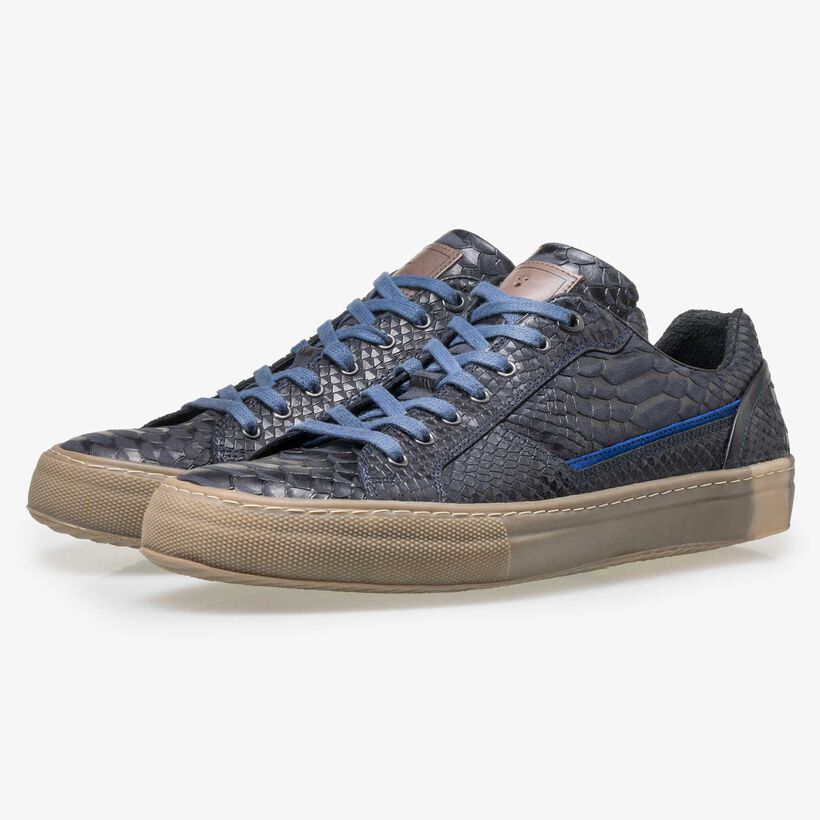 Floris van Bommel men’s blue leather sneaker with a snake print