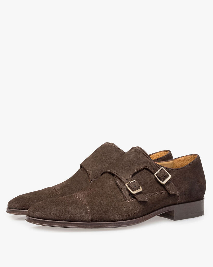 Donkerbruine kalfssu&egrave;de gespschoen