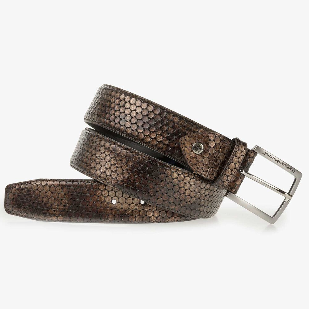 Brown leather belt with metallic print