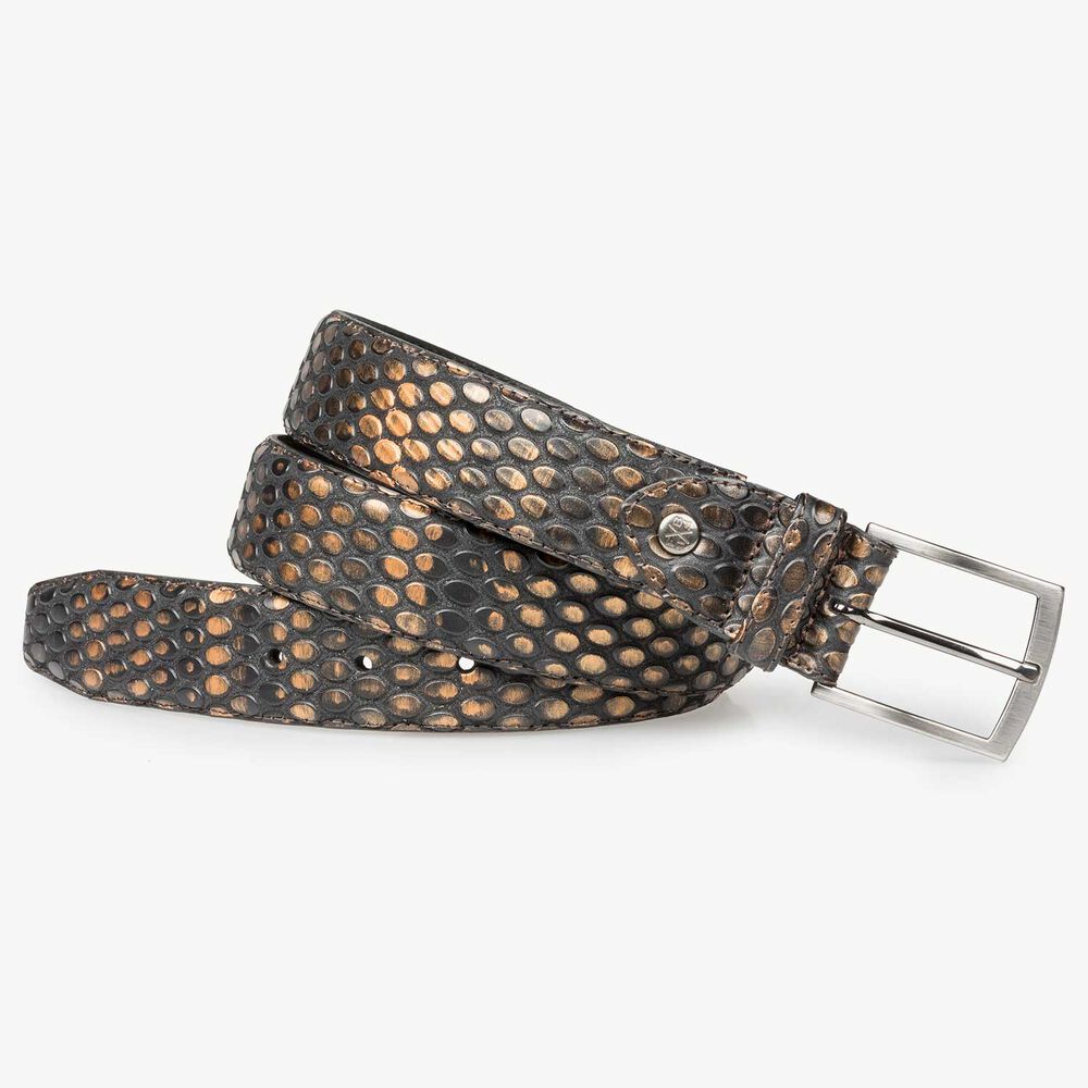 Bronze-coloured leather belt with coffee bean print 