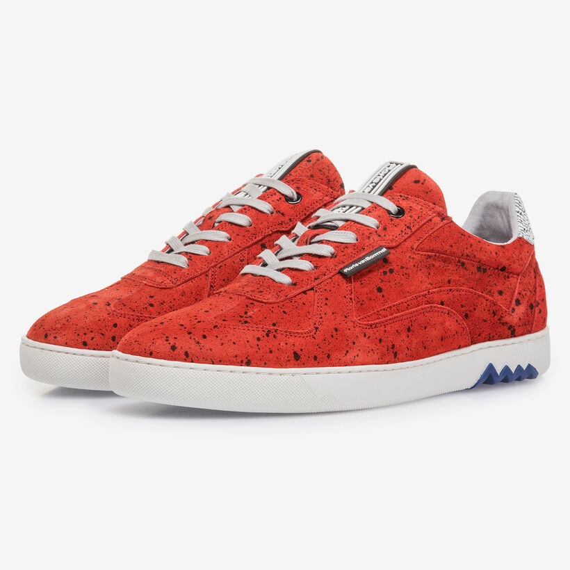 Red suede leather sneaker with black print
