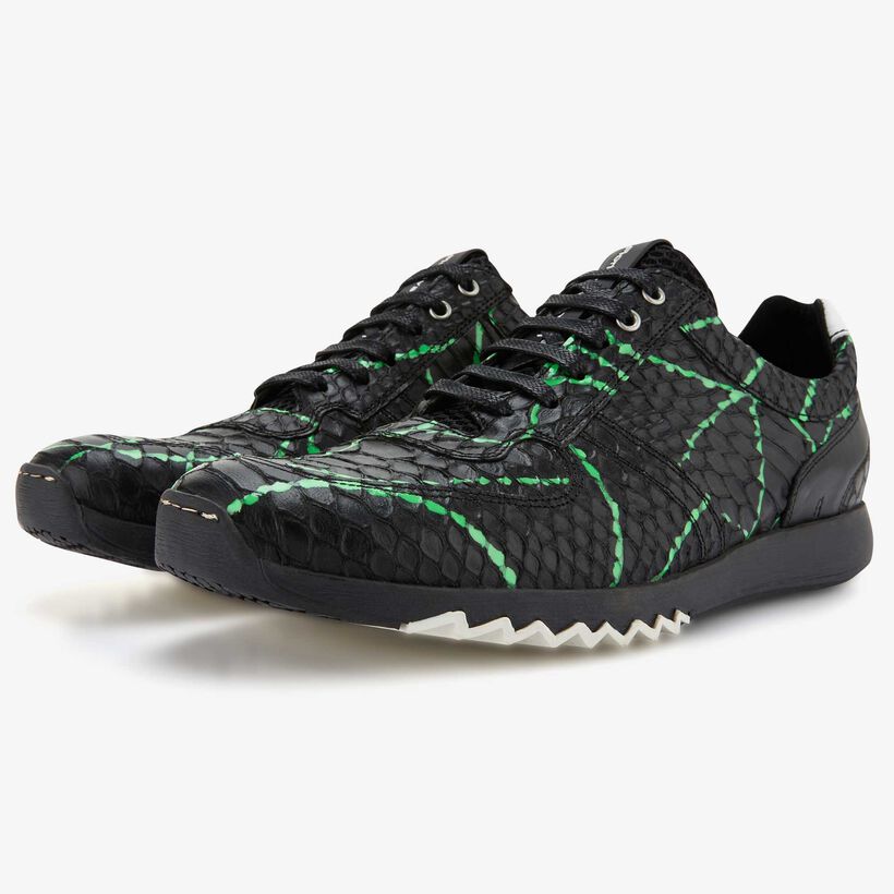 Floris van Bommel zwart-groene snakeprint leren sneaker 