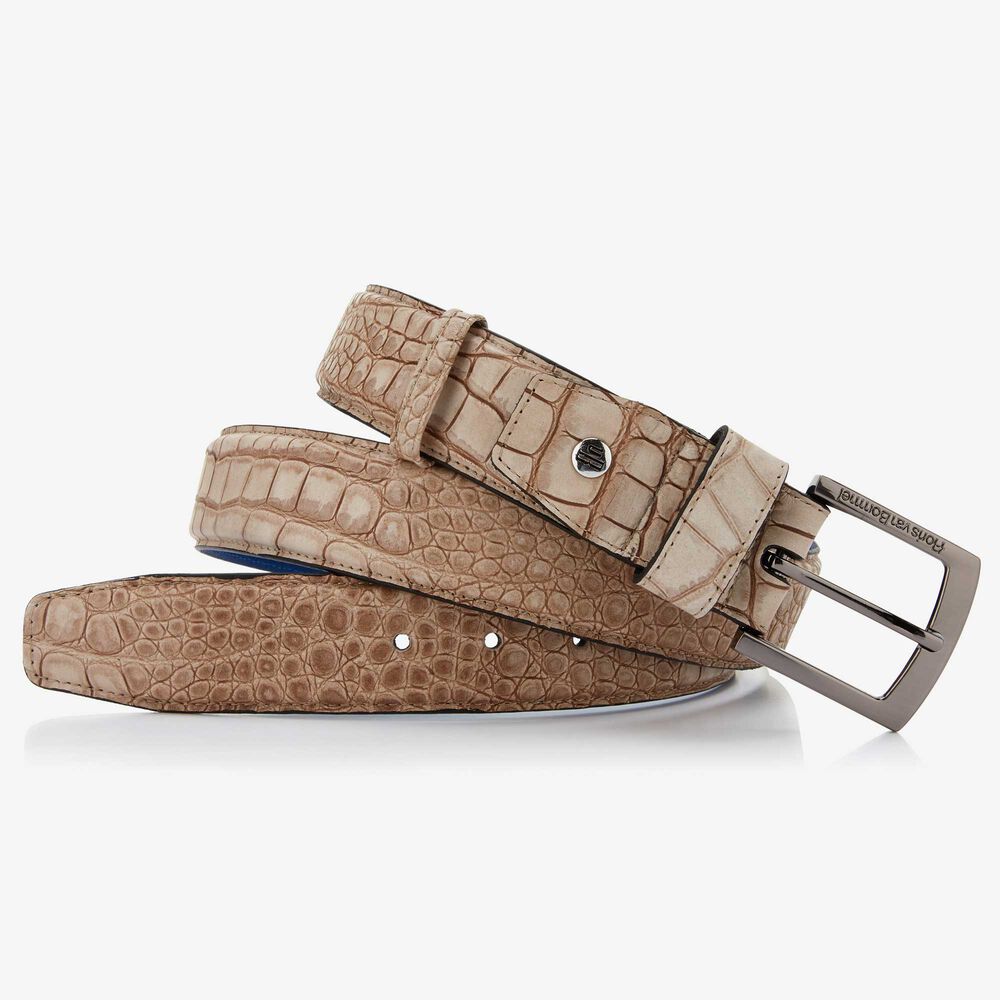 Floris van Bommel zandkleur leren herenriem met crocoprint