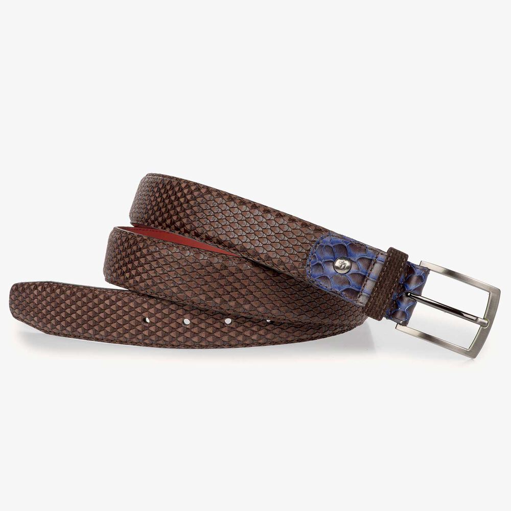 Brown nubuck leather belt with snake print