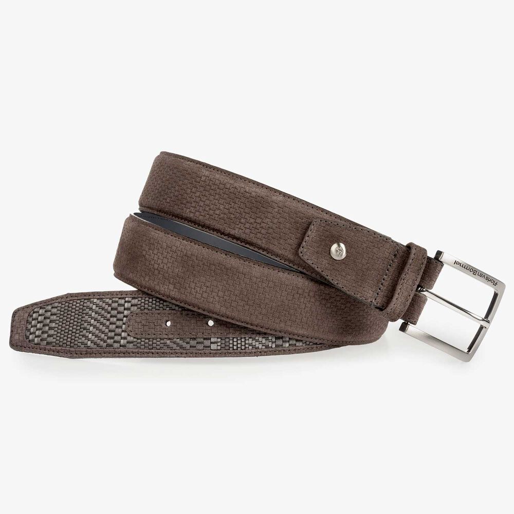 Grey suede leather belt with a braided pattern