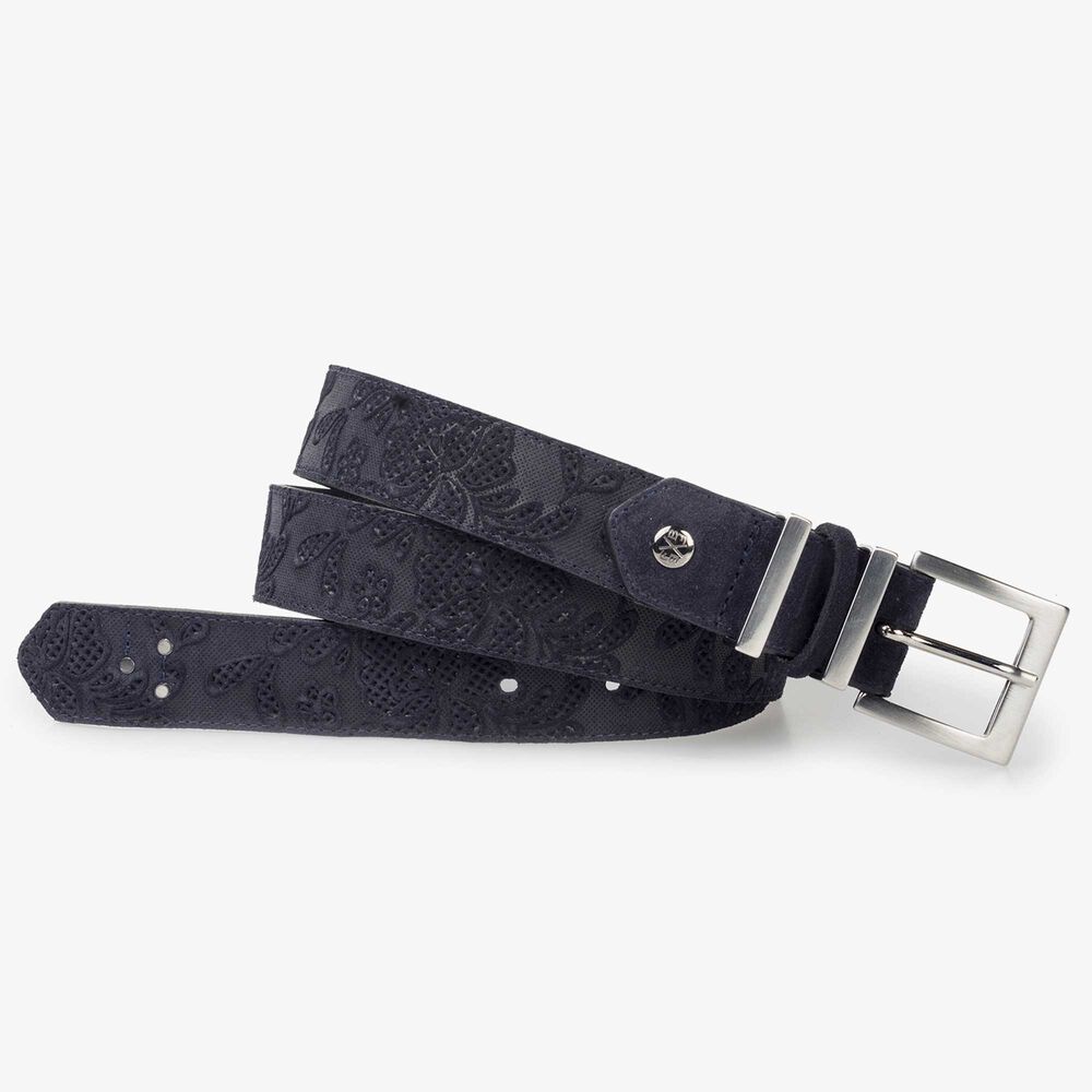 Dark blue suede leather women's belt with a tone-on-tone flower print