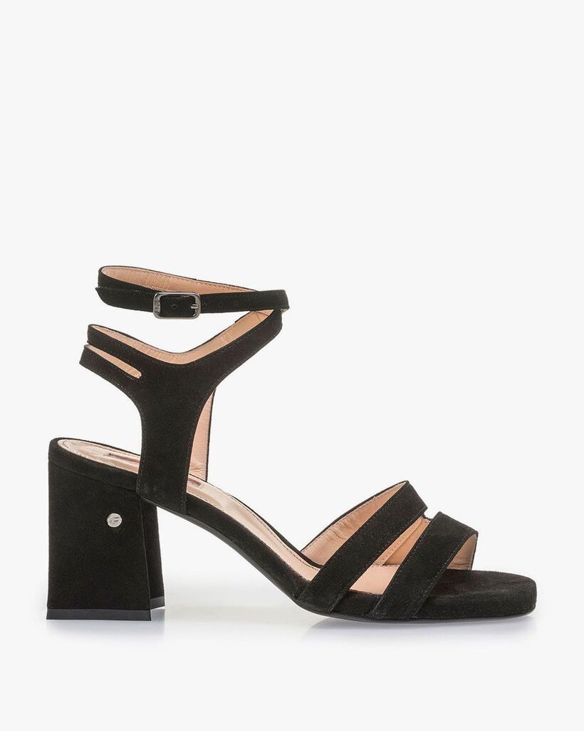 Black high-heeled suede leather sandals