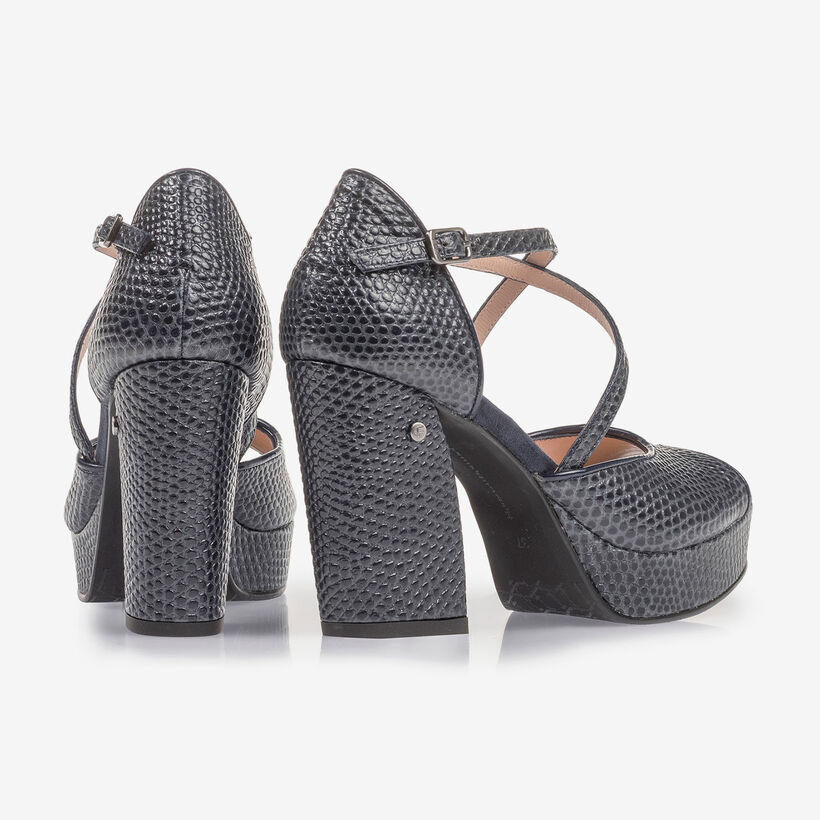 Dark blue high-heeled leather sandals with print