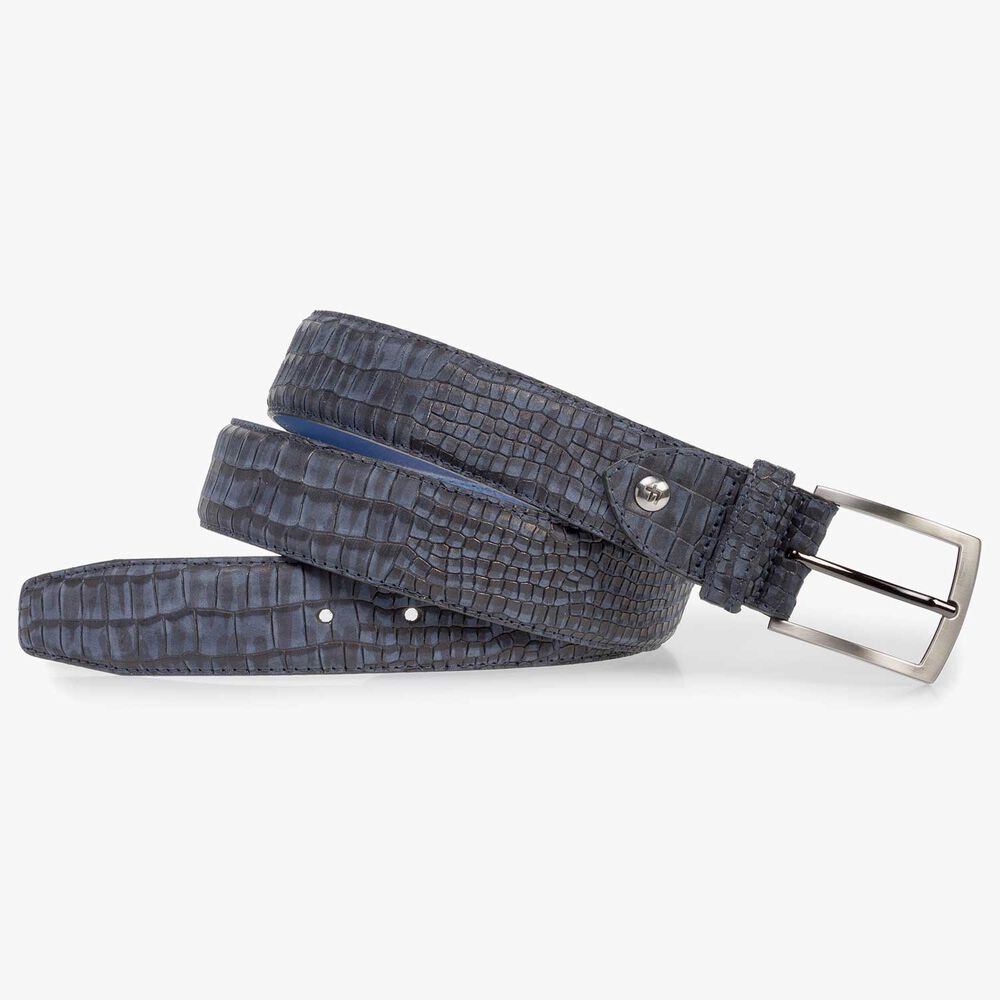 Dark blue nubuck leather belt with croco print