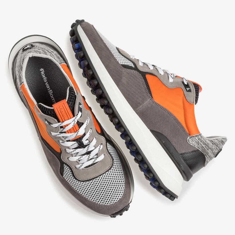 Grey suede leather sneaker with orange details