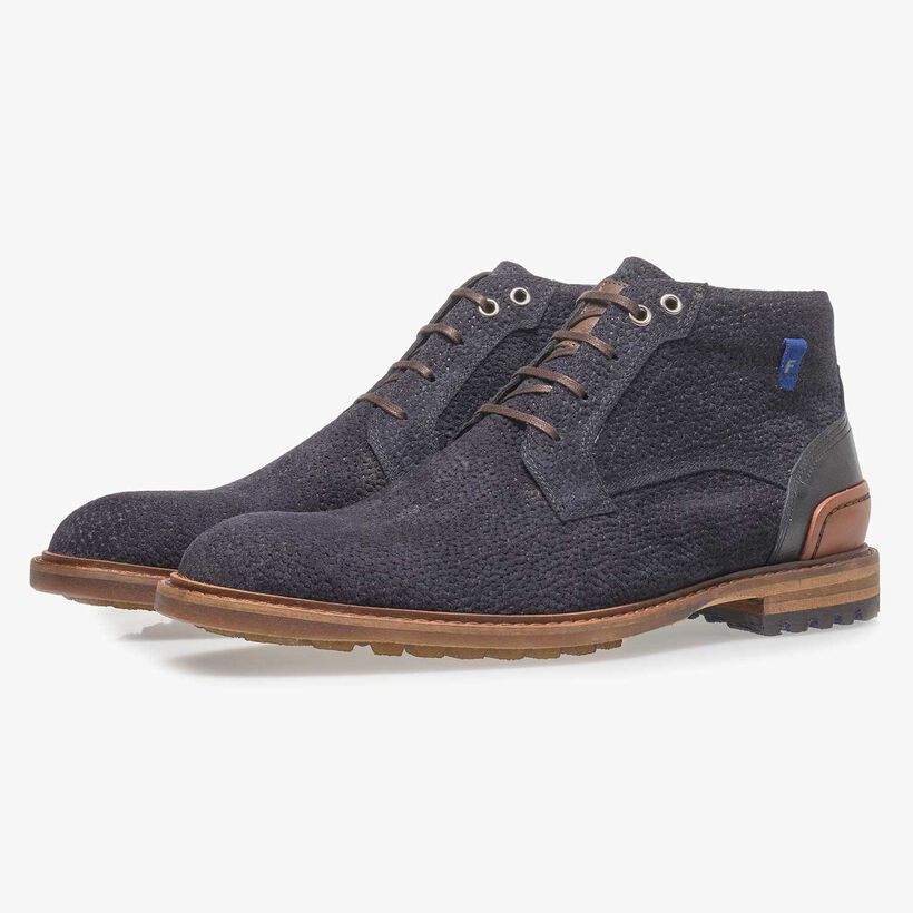 Dark blue printed suede leather lace boot
