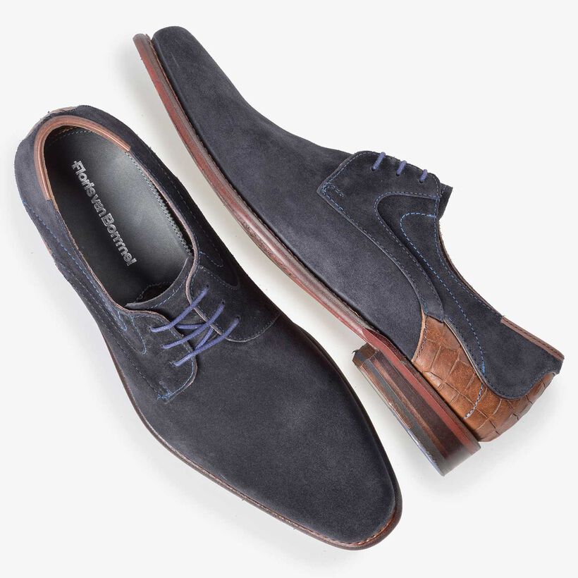 Dark blue calf suede leather lace shoe