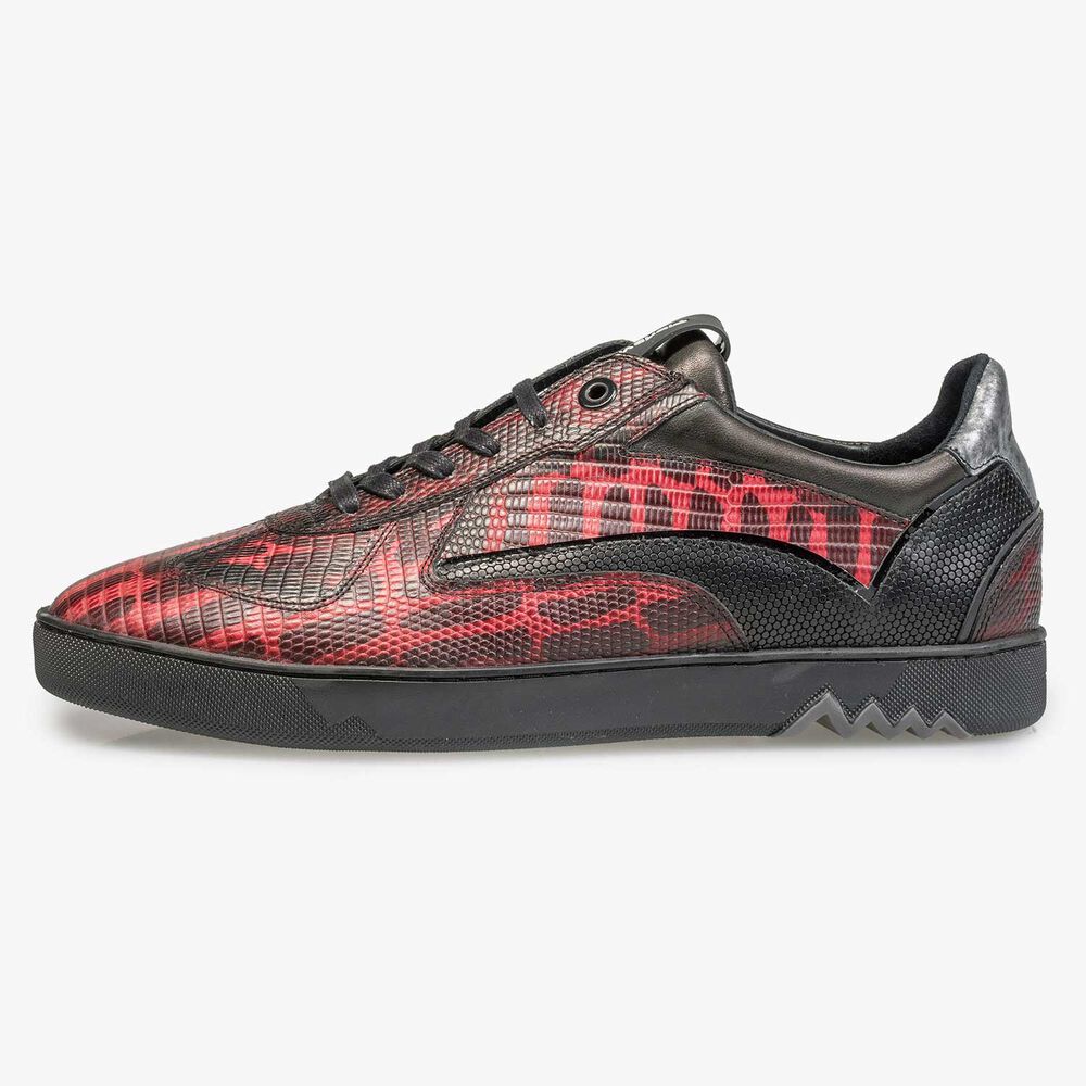 Red calf’s leather sneaker with lizard print