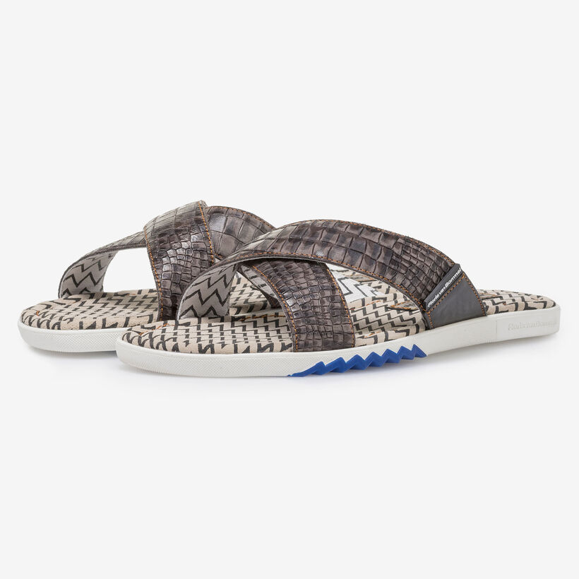 Dark grey nubuck leather cross strap slipper with print