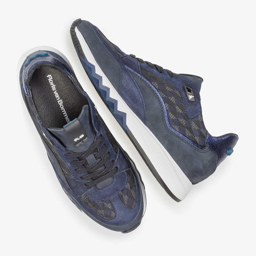 Blue suede leather sneaker with graphic print