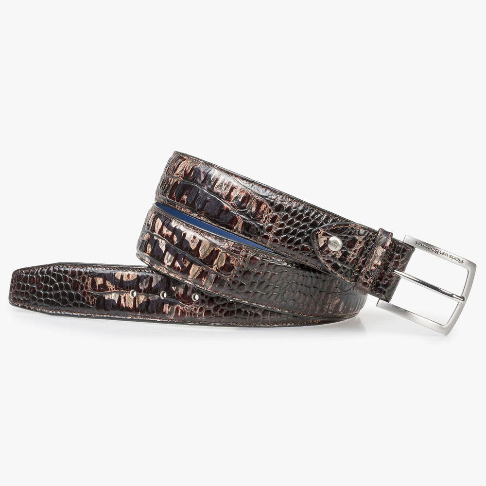 Dark brown leather belt with croco print