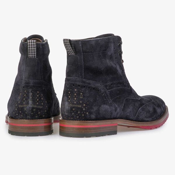 Blue suede leather lace boot with red outsole