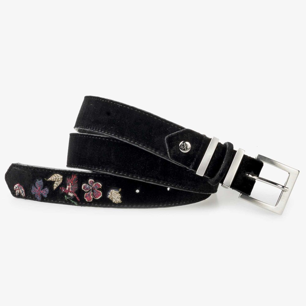 Black velour women's belt with embroidery details