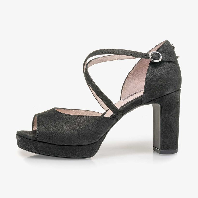 Black structured nubuck leather high-heeled sandal