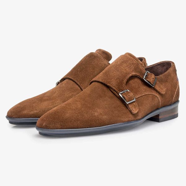 Brown calf suede leather double buckle monk strap