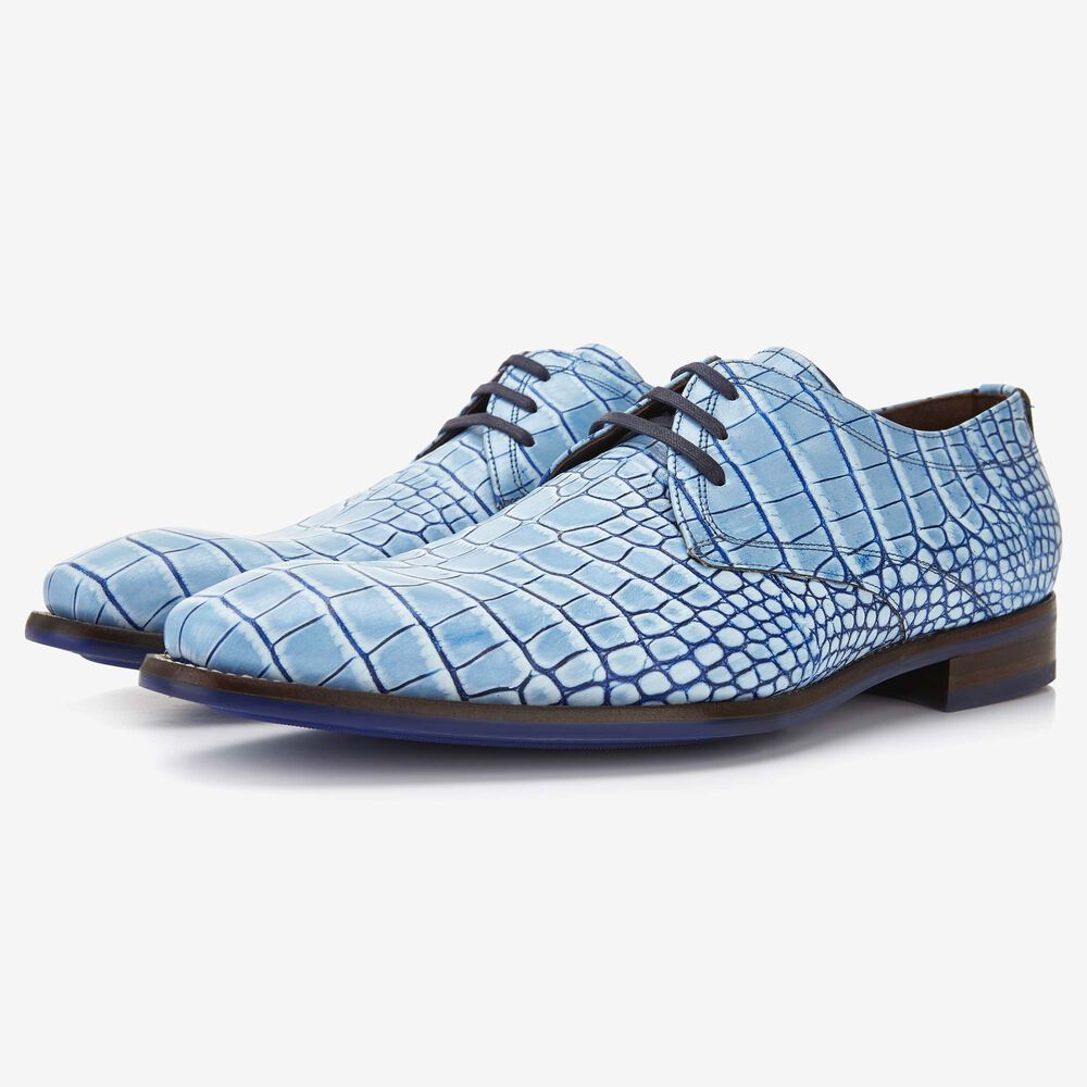 Floris van Bommel light blue crocodile print men's lace-up shoe