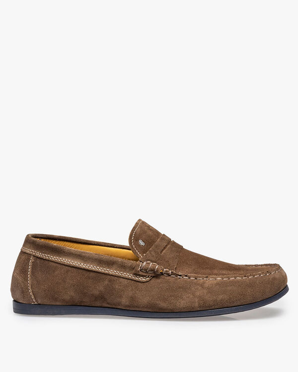 Taupe-coloured suede leather loafer