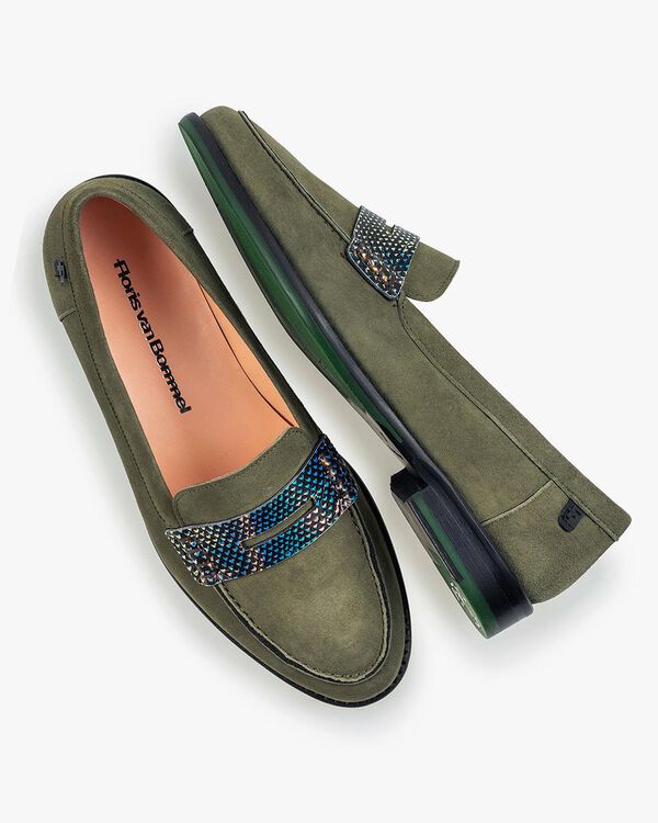 Olive green suede leather loafer