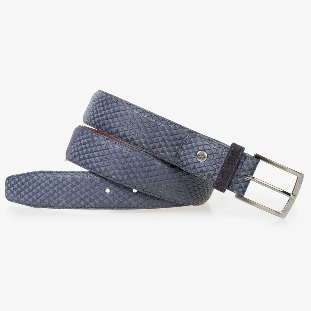Blue nubuck leather belt with snake print