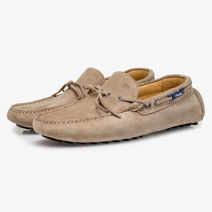 Taupe-coloured calf suede leather moccasin