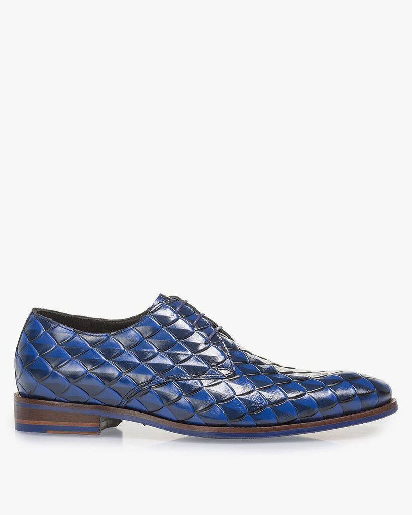 Premium blauwe leren veterschoen met print