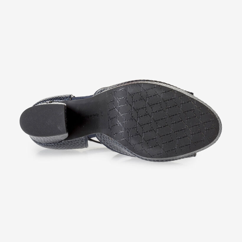 Dark blue high-heeled leather sandals with print