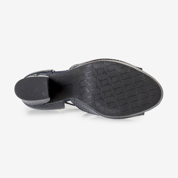 Dark blue high-heeled leather sandals with print