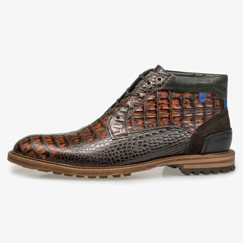 Mid-high brown leather lace boot with croco print