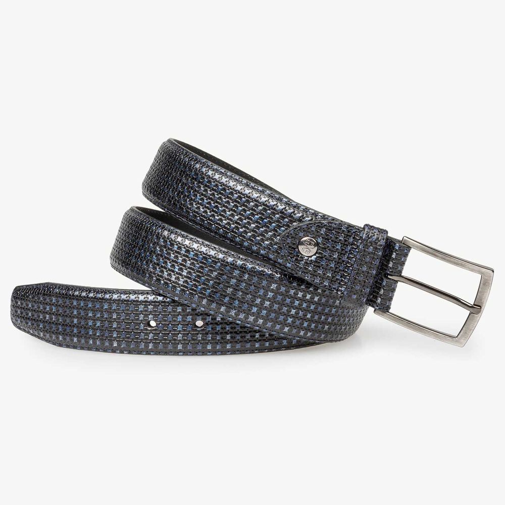 Blue leather belt with metallic design