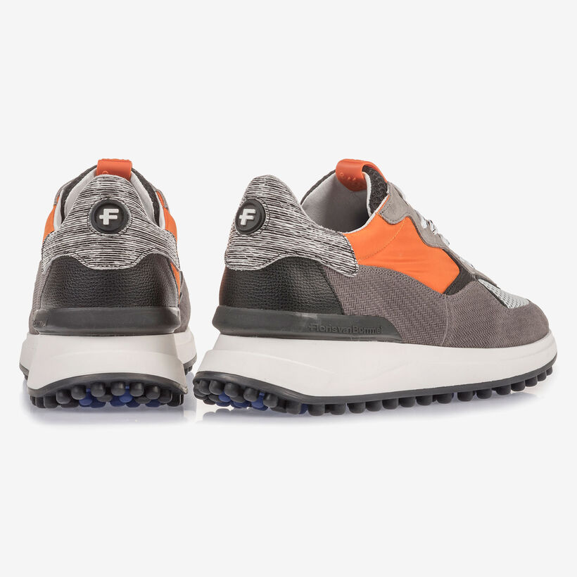 Grey suede leather sneaker with orange details