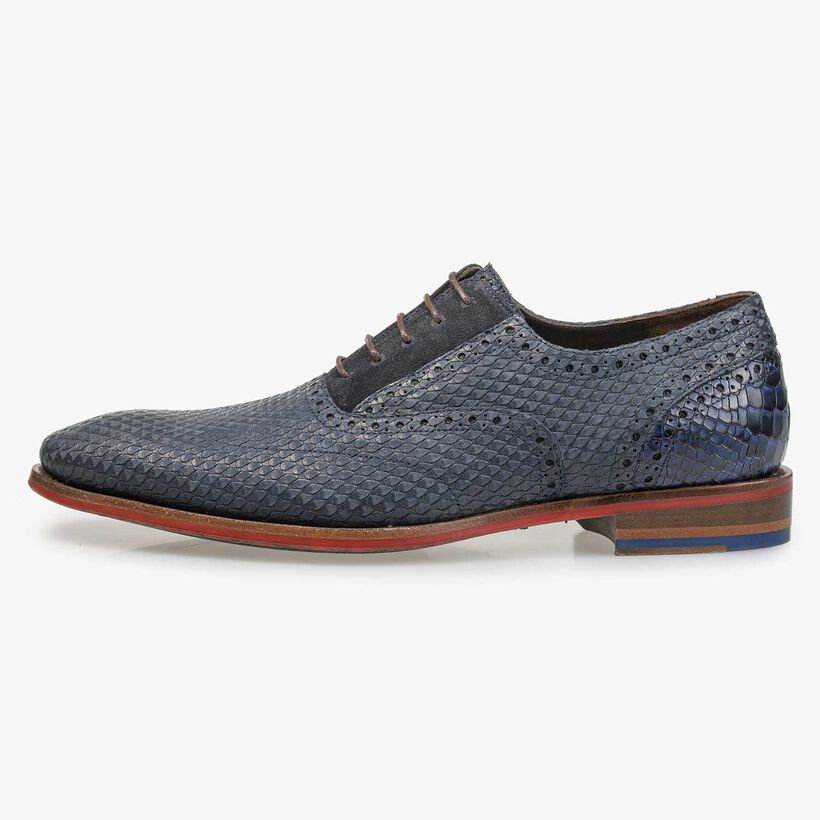 Blue nubuck leather lace shoe with snake print