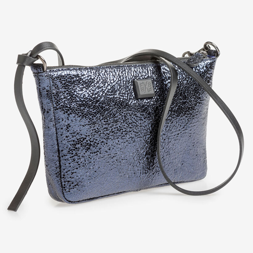 Donkerblauwe leren tas met metallicprint