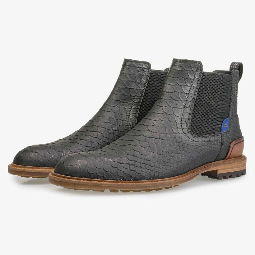 Grey leather Chelsea boot with snake print
