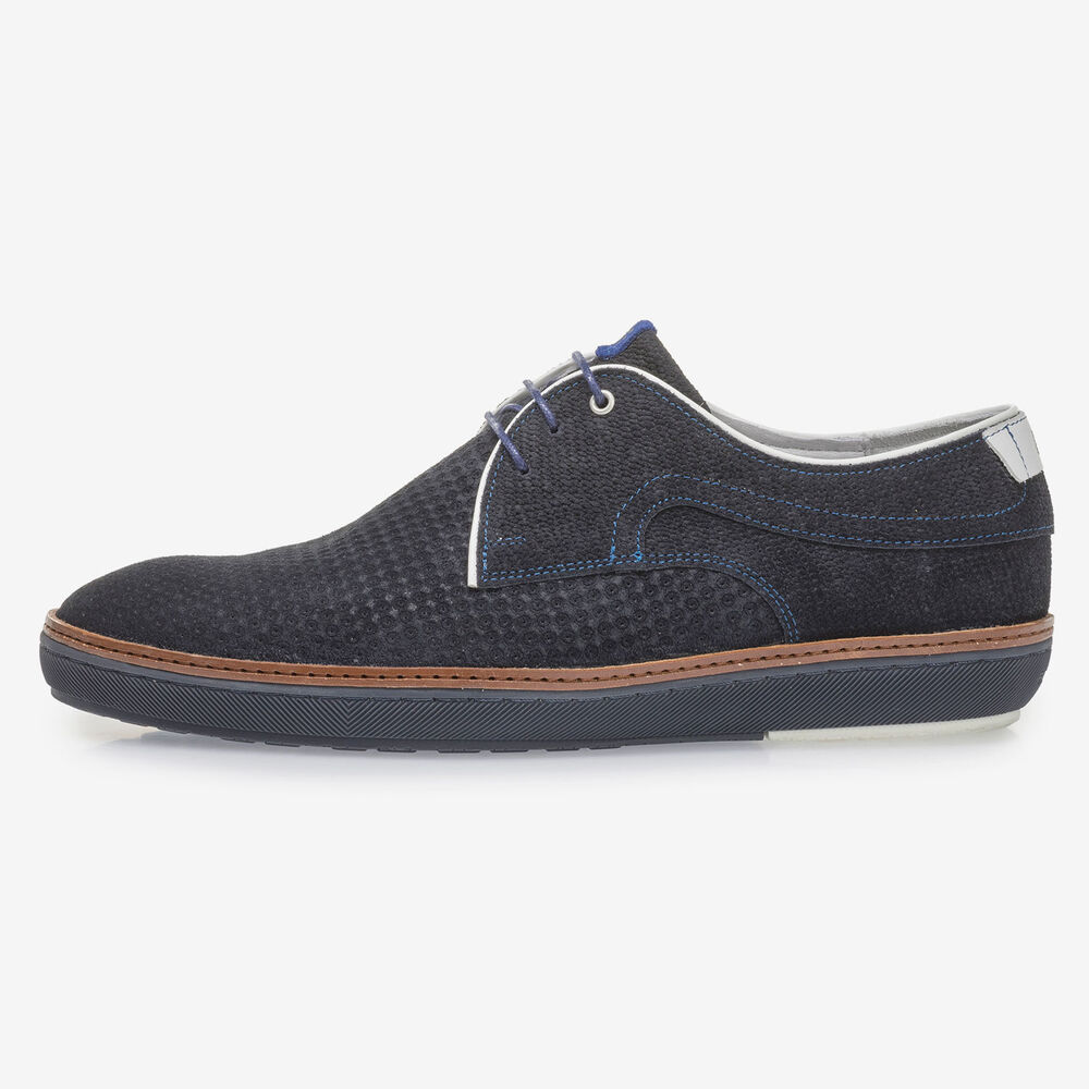Blue suede leather lace shoe with print