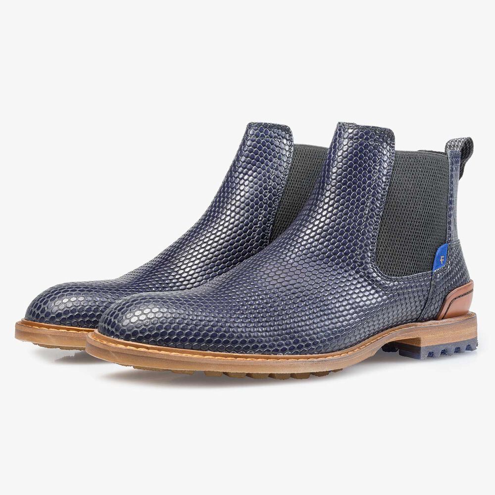 Dark blue leather chelsea boot with a structural print
