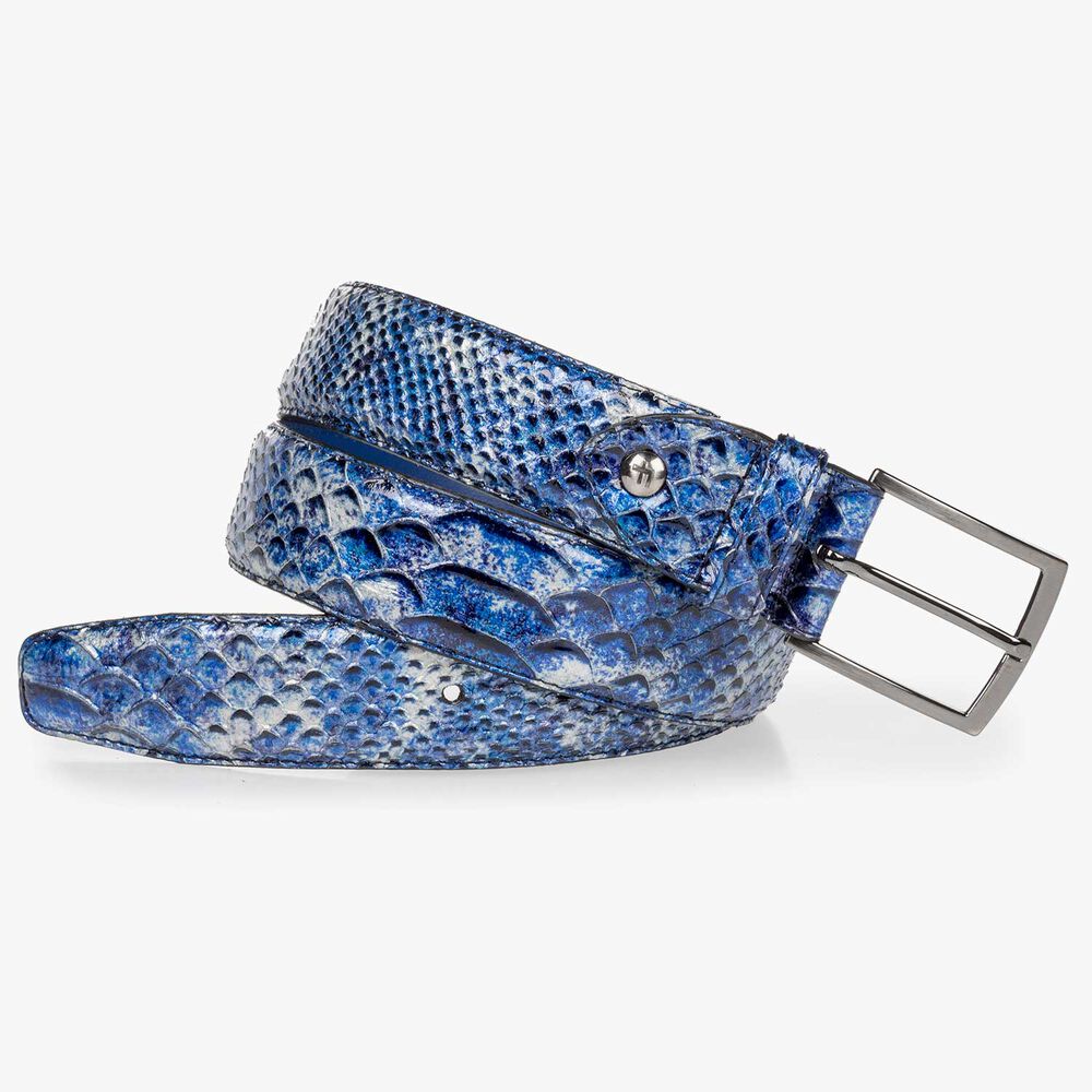 Blue patent leather snake print belt