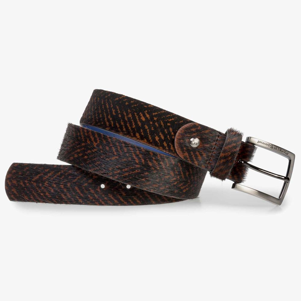 Premium cognac-coloured printed pony hair belt