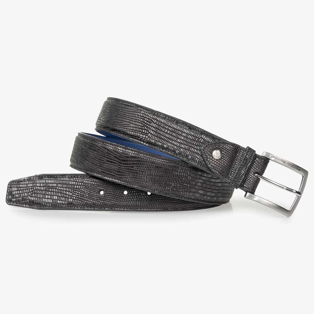Black leather belt with lizard print