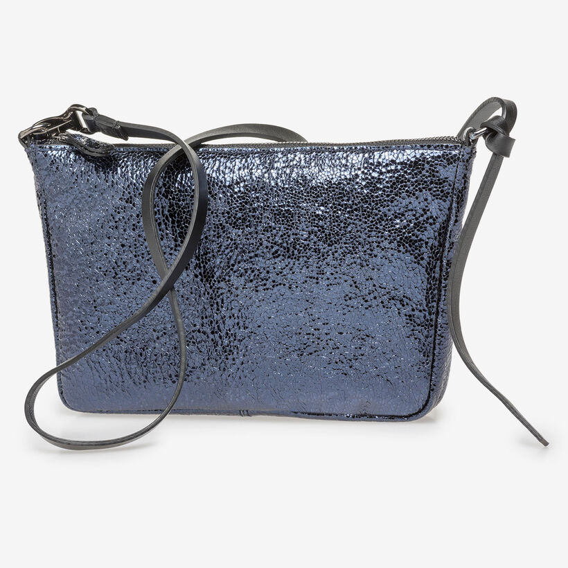 Donkerblauwe leren tas met metallicprint
