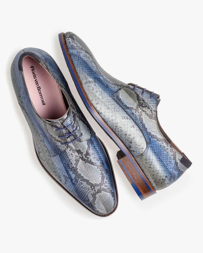 Grey patent leather lace shoe with snake print